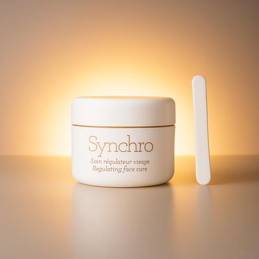 A luxurious white jar labeled "Synchro - Soin régulateur visage - Regulating face care" sits on a glossy surface with a soft golden light illuminating the background. Next to the jar stands a sleek white spatula, creating a clean and elegant presentation.